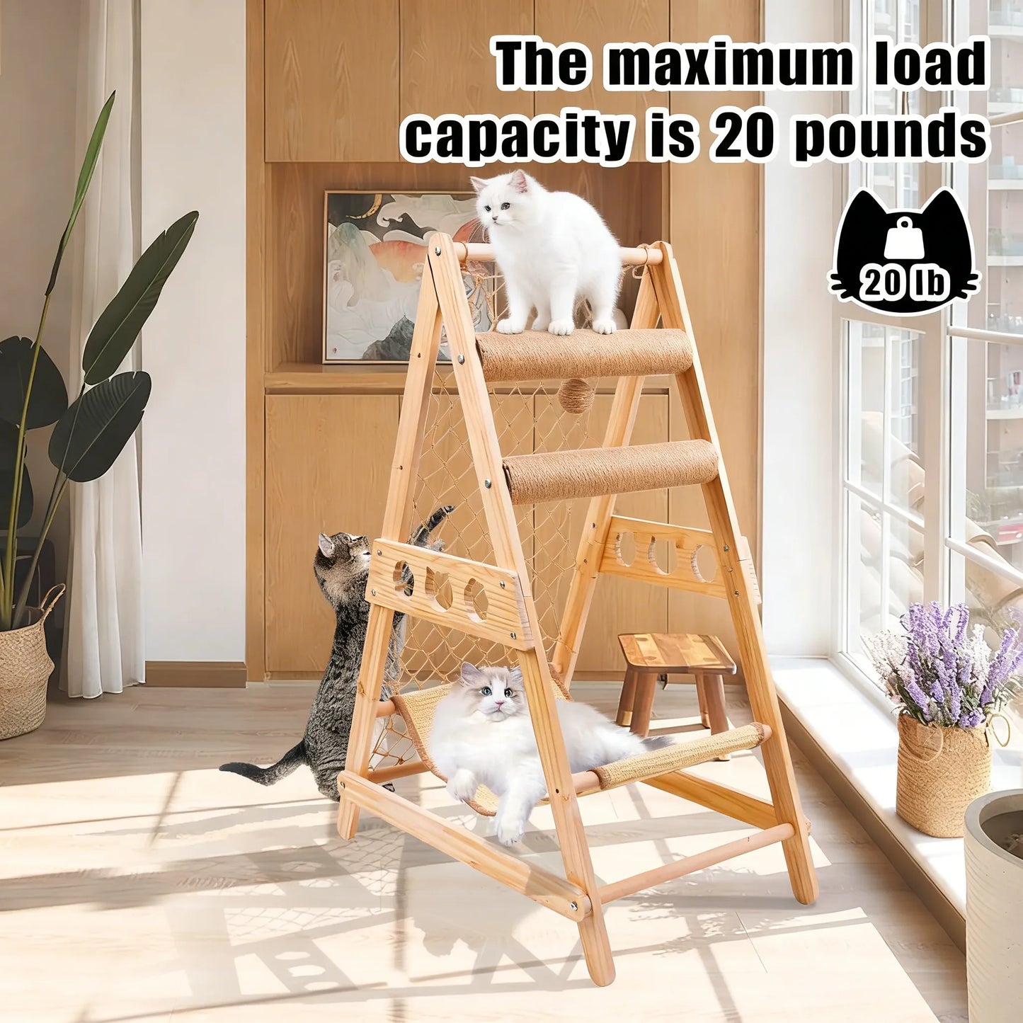 Cat Tree Ladder with Hammock, Scratching Post, Climbing Web & Hanging Sisal Ball, Removable for Multiple Cats