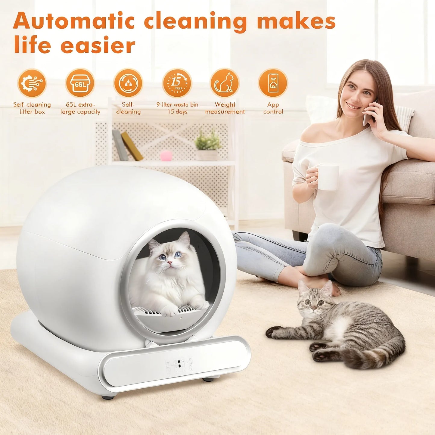 Smart Self-Cleaning Litter Box, 65L, Dual Odor Control, App-Controlled