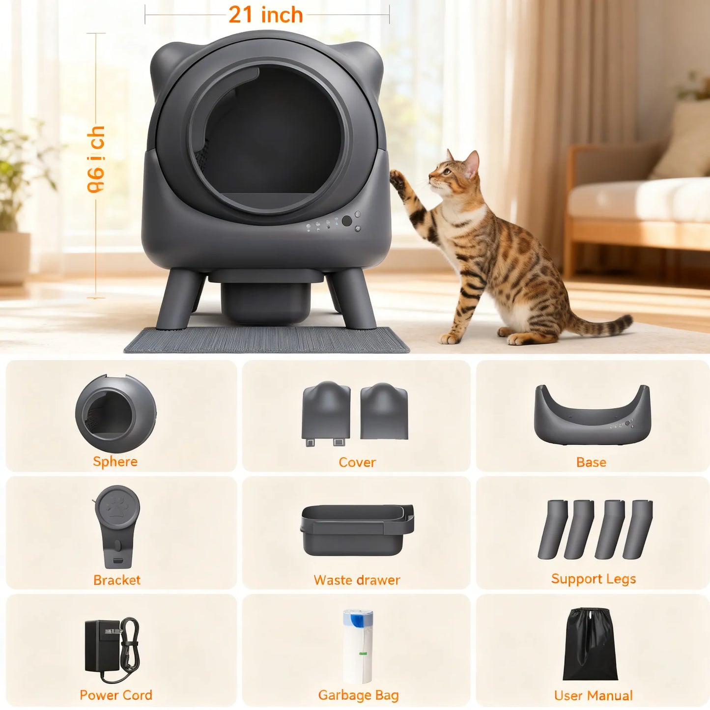 65L Self-Cleaning Cat Litter Box, Automatic, APP Control, Odor & Safety Sensors