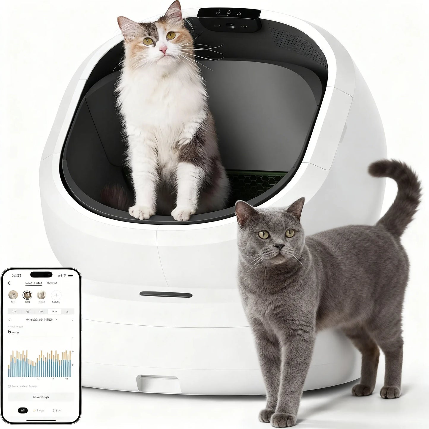 Automatic Self-Cleaning Cat Litter Box, AI Waste Analysis, Multi-Cat Recognition, Odor Control, App Tracking