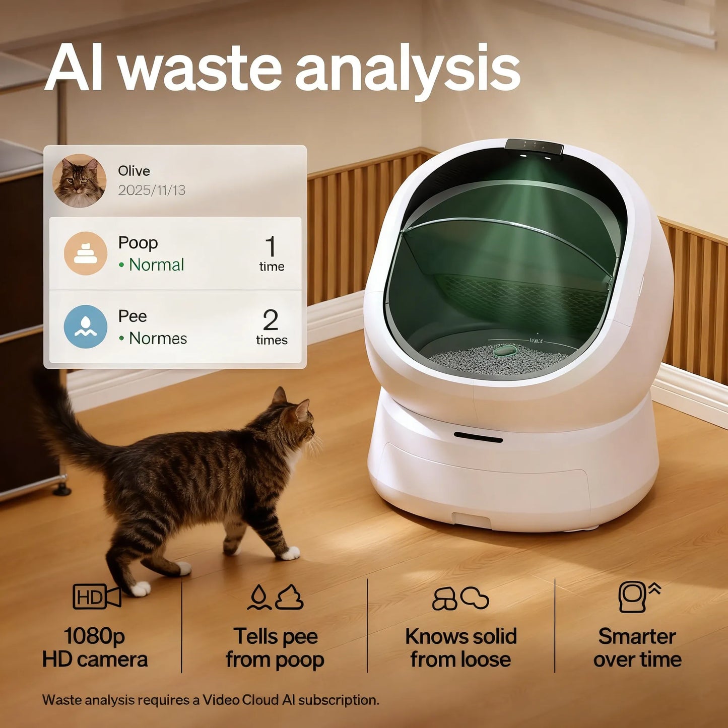 Automatic Self-Cleaning Cat Litter Box, AI Waste Analysis, Multi-Cat Recognition, Odor Control, App Tracking