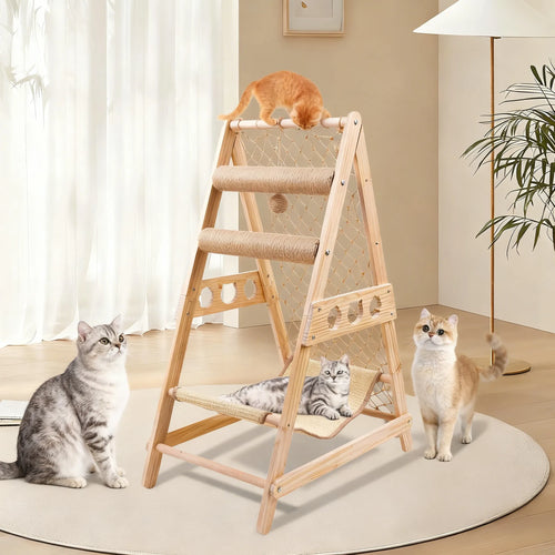 Cat Tree Ladder with Hammock, Scratching Post, Climbing Web & Hanging Sisal Ball, Removable for Multiple Cats