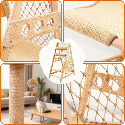 Cat Tree Ladder with Hammock, Scratching Post, Climbing Web & Hanging Sisal Ball, Removable for Multiple Cats