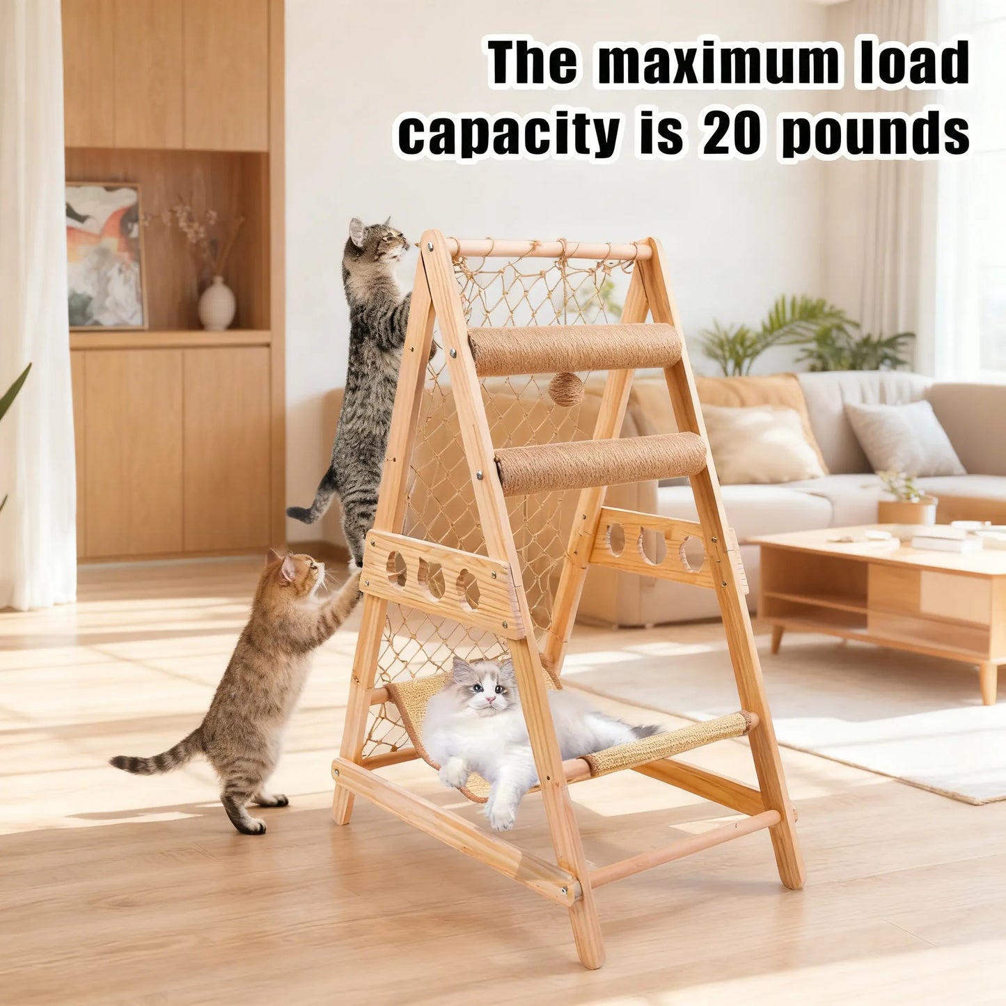 Cat Tree Ladder with Hammock, Scratching Post, Climbing Web & Hanging Sisal Ball, Removable for Multiple Cats