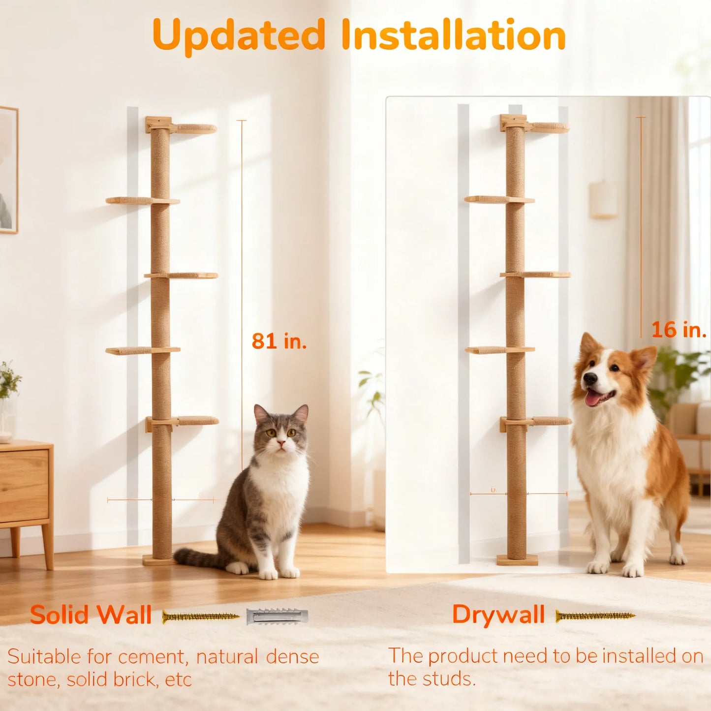Tall Cat Tree, 5-Tier Floor-to-Ceiling Tower, Wall-Mounted Scratching Post & Wild Shelves, Perfect for Climbing & Play