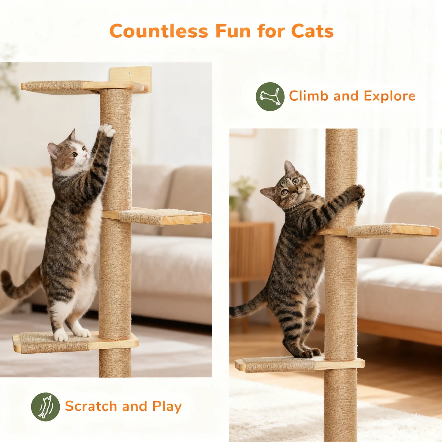 Tall Cat Tree, 5-Tier Floor-to-Ceiling Tower, Wall-Mounted Scratching Post & Wild Shelves, Perfect for Climbing & Play