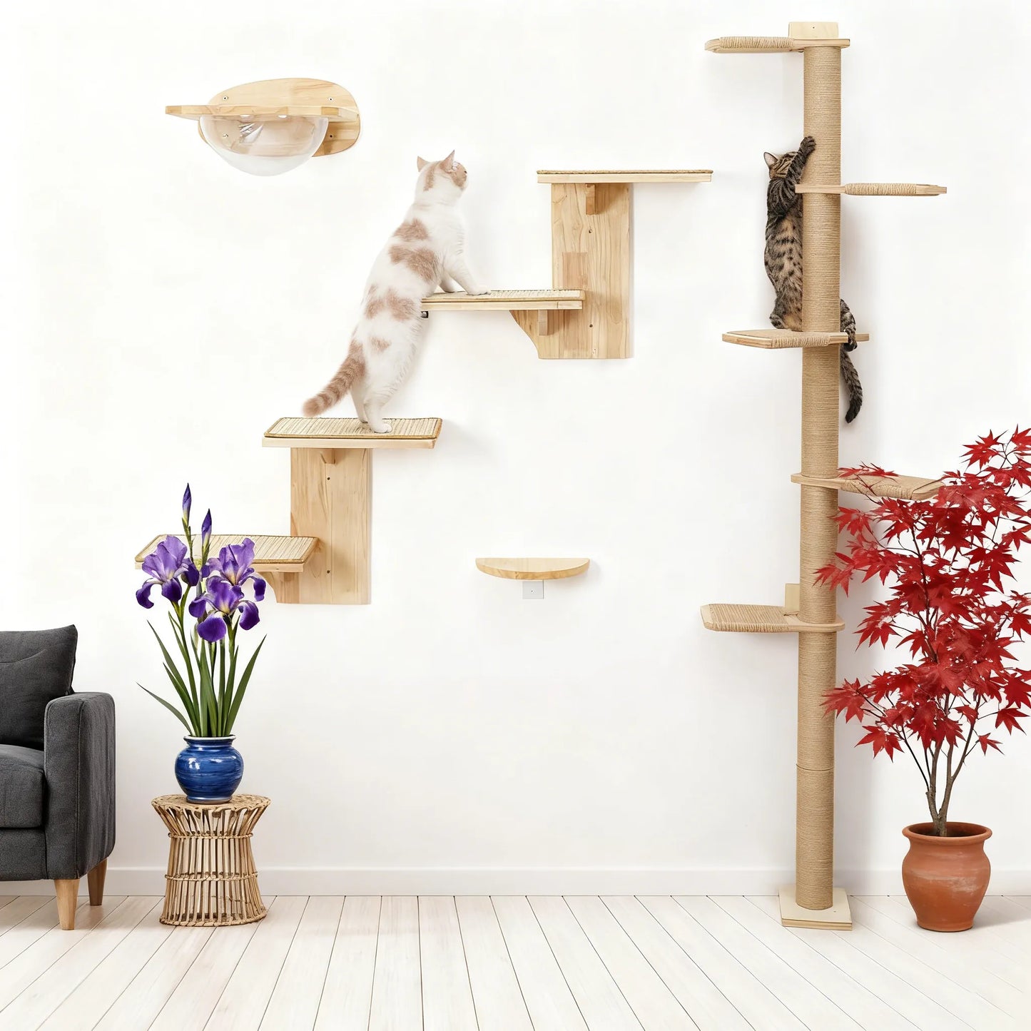 Tall Cat Tree, 5-Tier Floor-to-Ceiling Tower, Wall-Mounted Scratching Post & Wild Shelves, Perfect for Climbing & Play