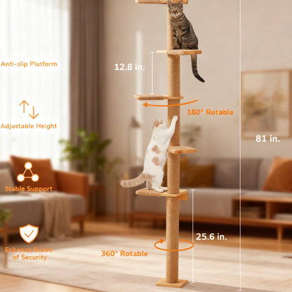 Tall Cat Tree, 5-Tier Floor-to-Ceiling Tower, Wall-Mounted Scratching Post & Wild Shelves, Perfect for Climbing & Play