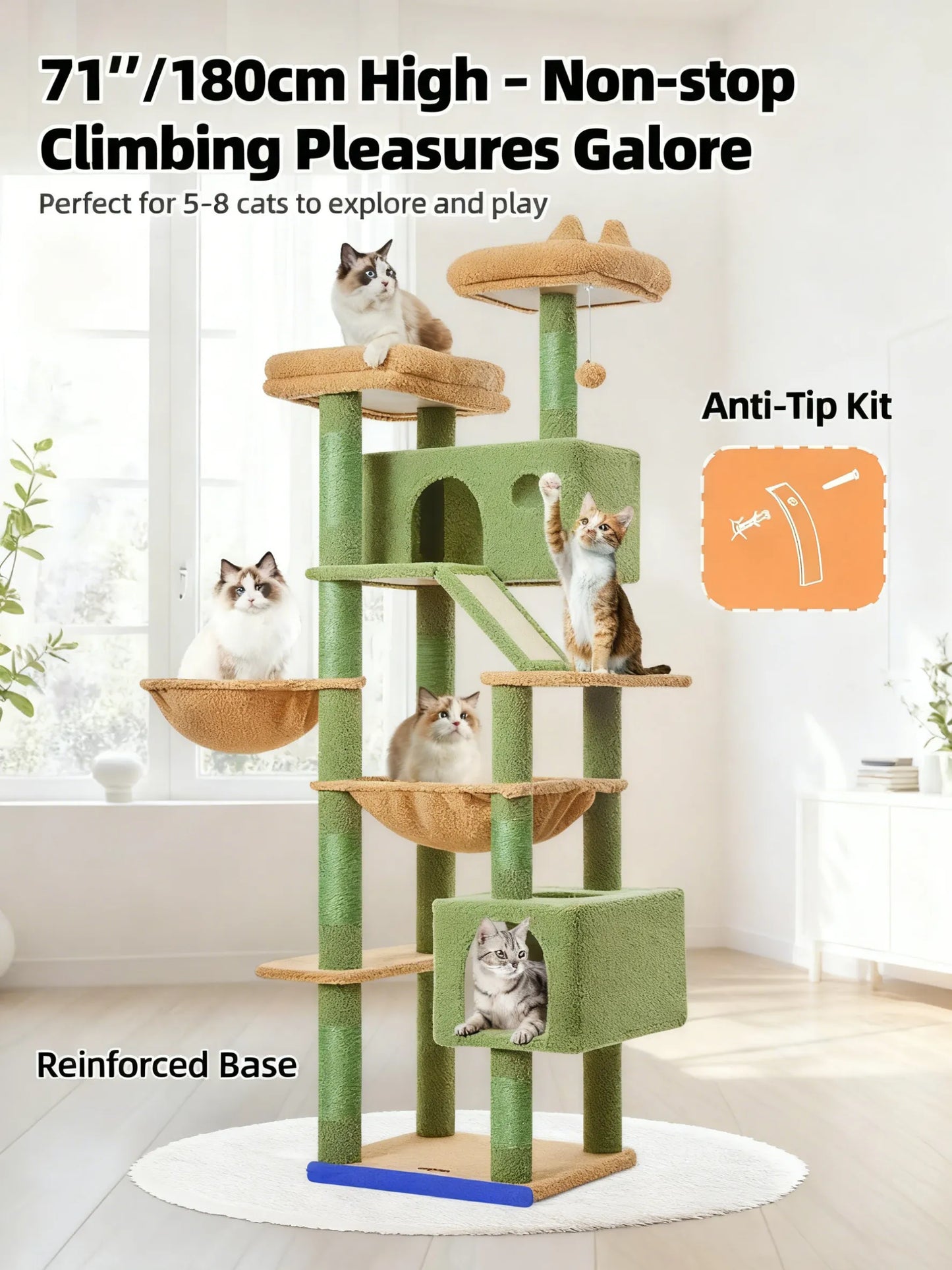 Multi-Level Cactus Cat Tree, 71-Inch Cat Tower, 8 Scratching Posts, Cozy Hammock & Top Perches for Large Cats