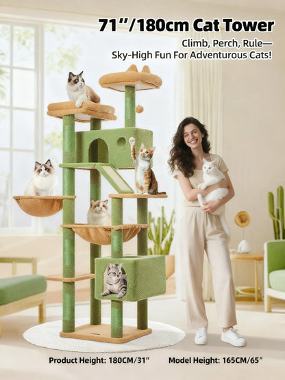 Multi-Level Cactus Cat Tree, 71-Inch Cat Tower, 8 Scratching Posts, Cozy Hammock & Top Perches for Large Cats