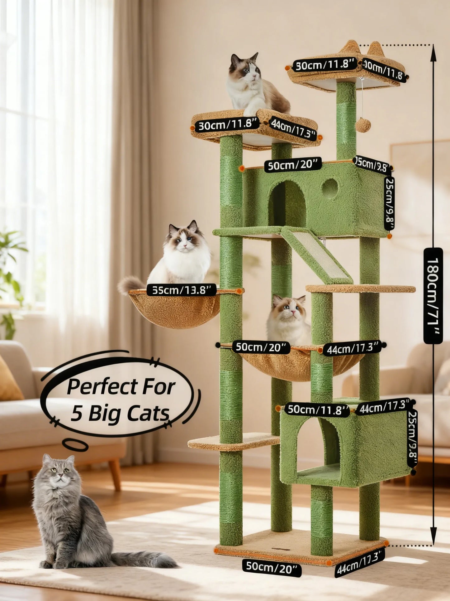 Multi-Level Cactus Cat Tree, 71-Inch Cat Tower, 8 Scratching Posts, Cozy Hammock & Top Perches for Large Cats