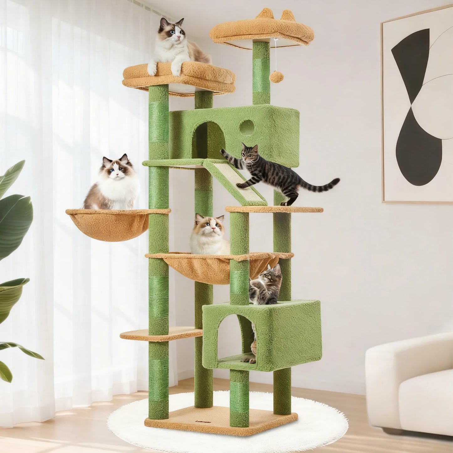 Multi-Level Cactus Cat Tree, 71-Inch Cat Tower, 8 Scratching Posts, Cozy Hammock & Top Perches for Large Cats