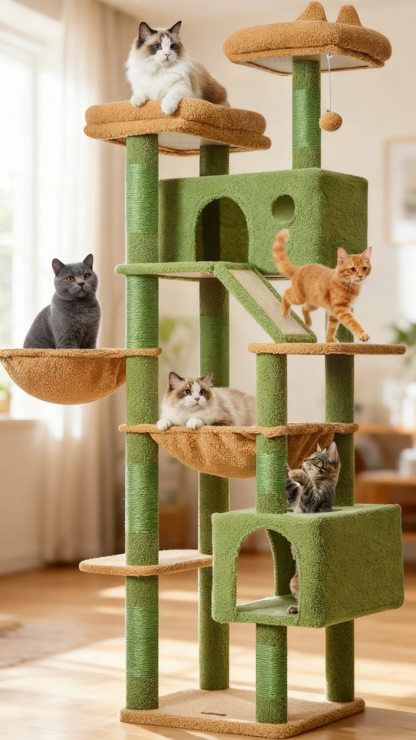 Multi-Level Cactus Cat Tree, 71-Inch Cat Tower, 8 Scratching Posts, Cozy Hammock & Top Perches for Large Cats