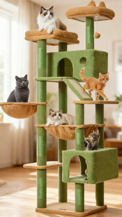 Multi-Level Cactus Cat Tree, 71-Inch Cat Tower, 8 Scratching Posts, Cozy Hammock & Top Perches for Large Cats