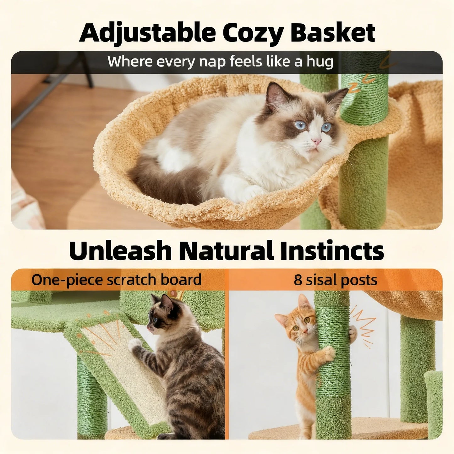 Multi-Level Cactus Cat Tree, 71-Inch Cat Tower, 8 Scratching Posts, Cozy Hammock & Top Perches for Large Cats